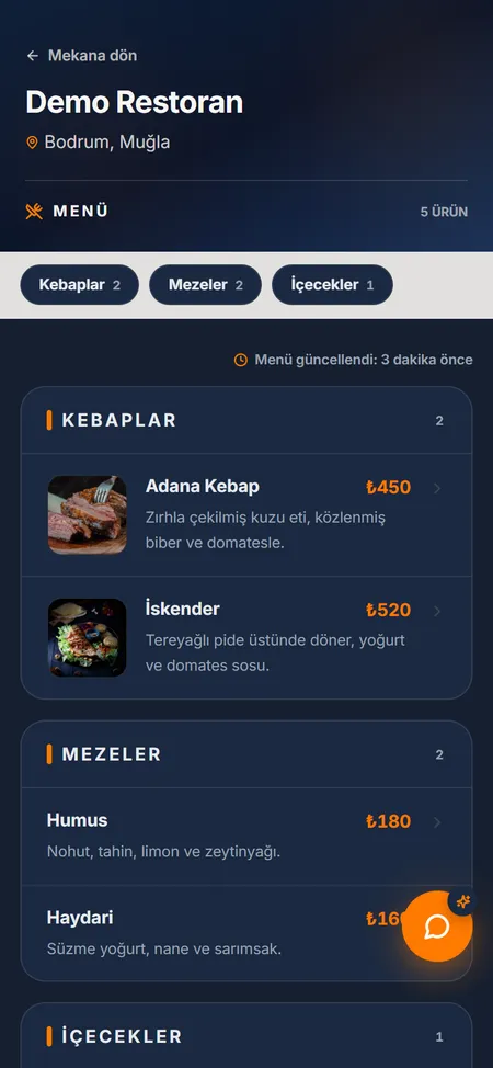 QR menü — telefonda